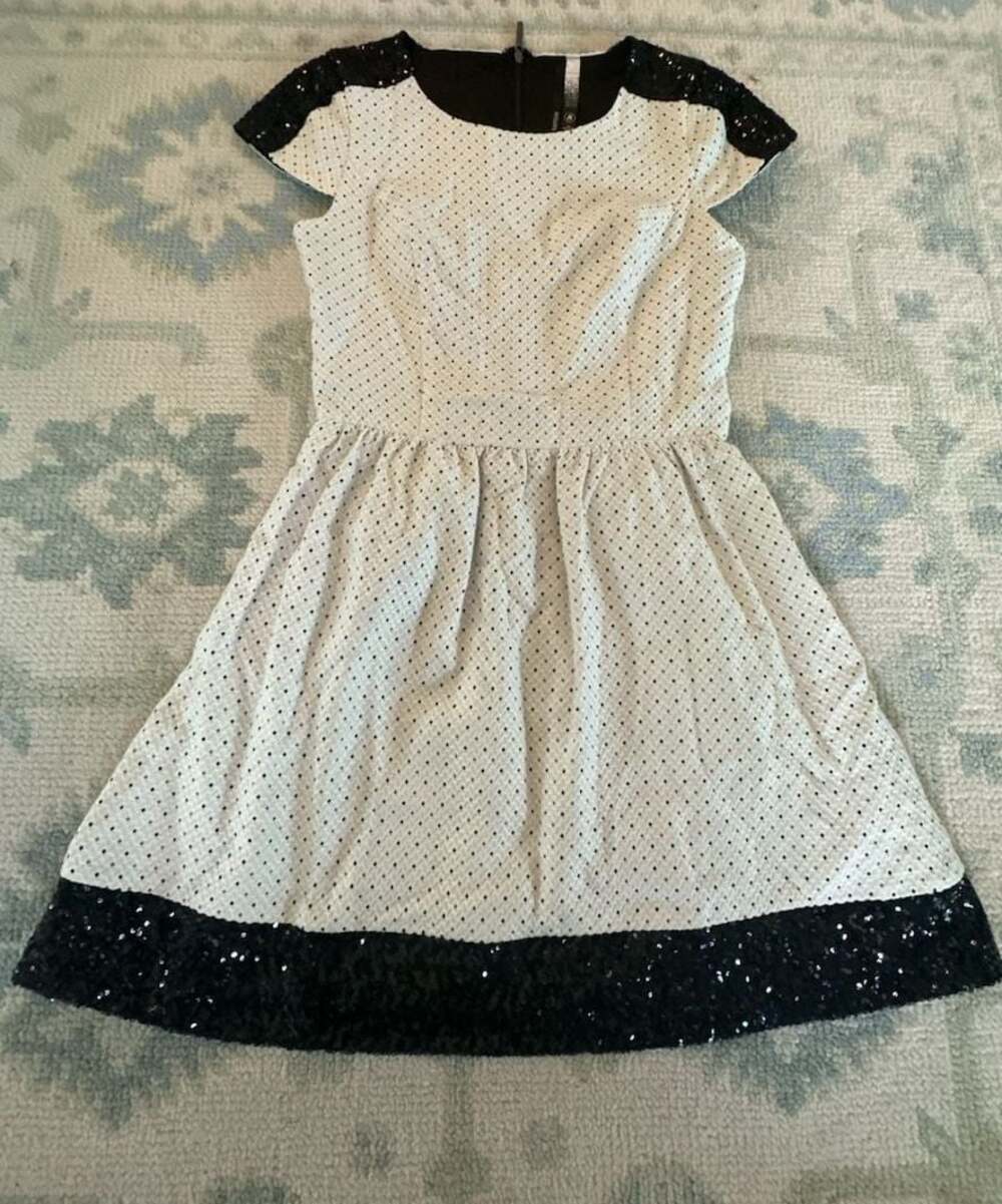 Kensie Women's Cream and Black Polka Dot Textured Flare Dress with Sequin Trim